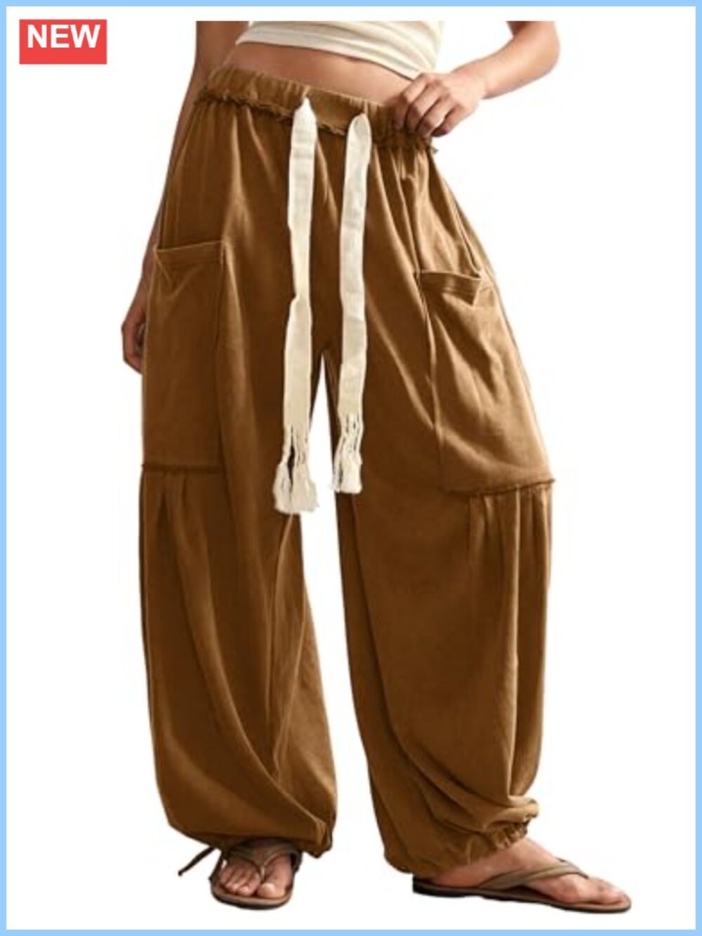 Wide Leg Harem Pants Drawstring High Rise Big Pockets Casual